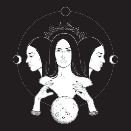 Triple lunar Goddess Hecate ancient Greek mythology hand drawn black and white isolated vector illustration. Blackwork, flash tattoo or print design